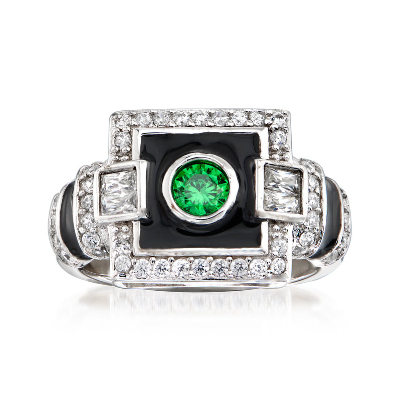 Sterling silver art deco ring with green center stone, black enamel, clear CZ accents