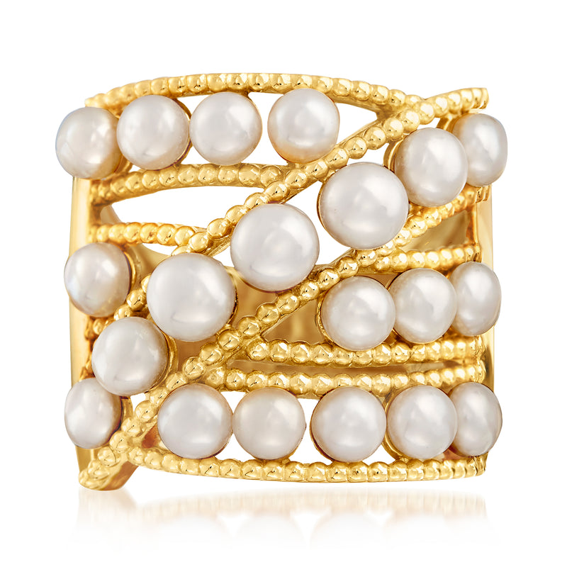 Cultured pearl ring with round white pearls on 18kt gold over sterling band
