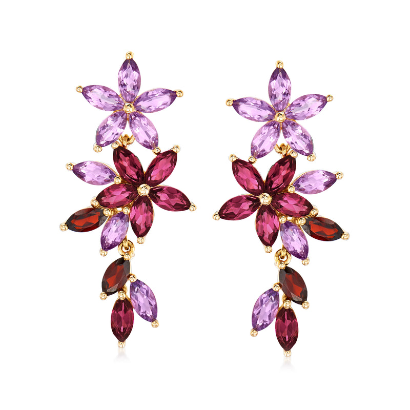 Floral drop earrings with purple and pink marquise gemstones, gold-tone hooks