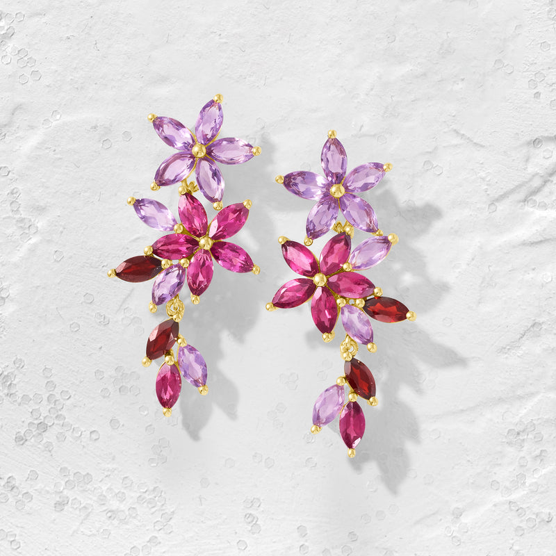 Multi-tier floral drop earrings with pink/purple marquise gemstones, gold-tone hooks
