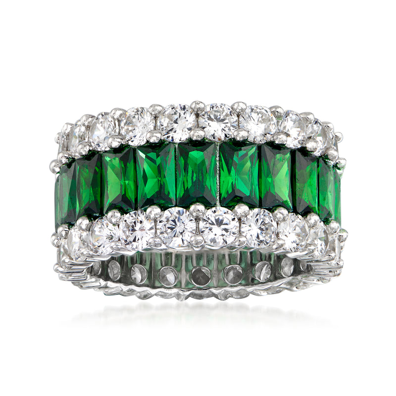 Sterling silver eternity band with emerald-green rectangular simulated stones and clear CZ halos