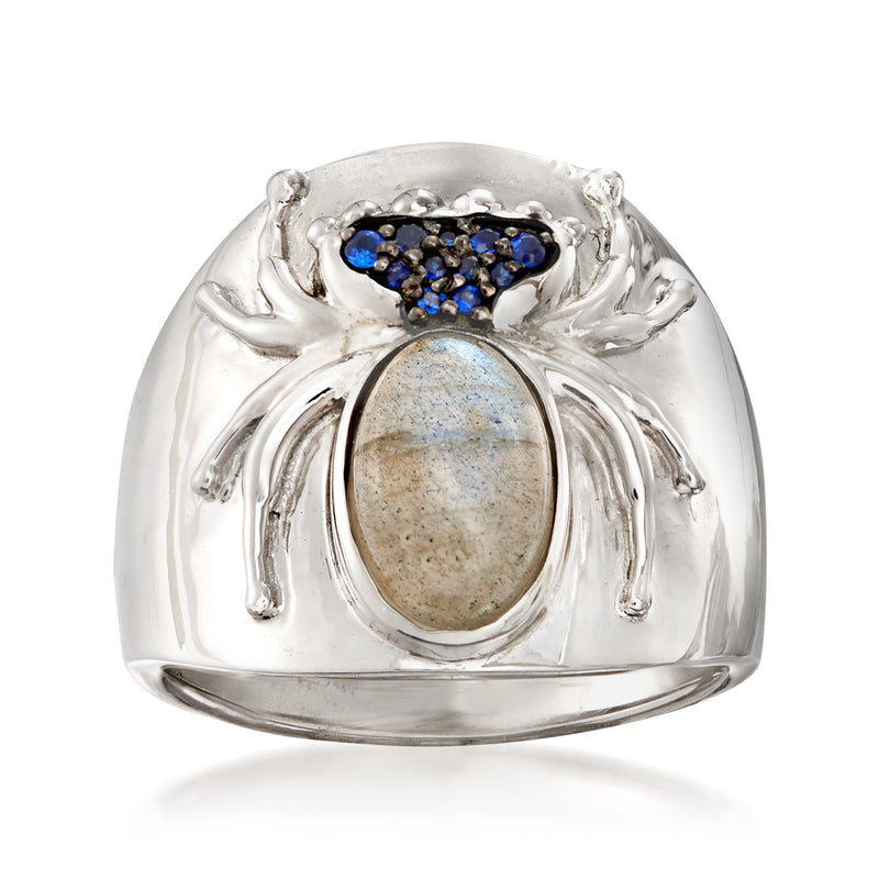Sterling silver spider doublet ring with oval labradorite and blue sapphire accents