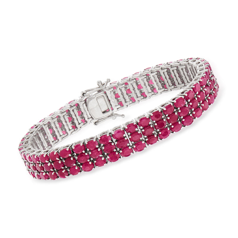 Sterling silver three-row ruby tennis bracelet with bright red round stones