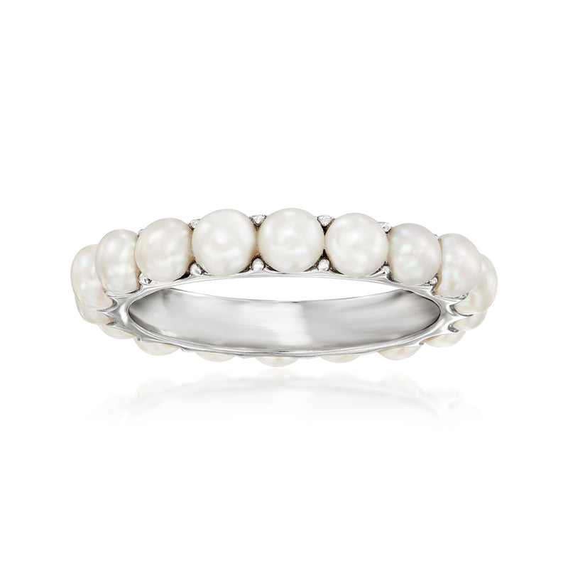 Sterling silver eternity band with white cultured pearls in curved bezel setting