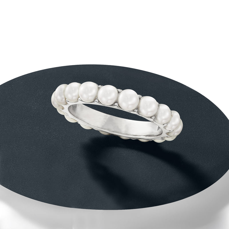 Sterling silver pearl eternity band with white cultured pearls, top view