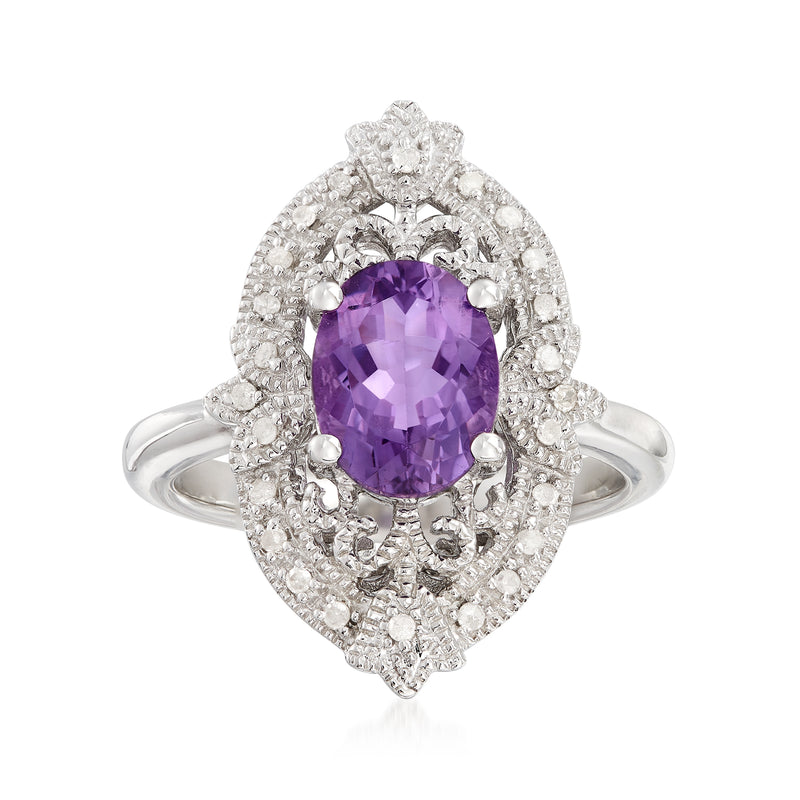 Sterling silver amethyst and diamond filigree ring with oval purple center stone