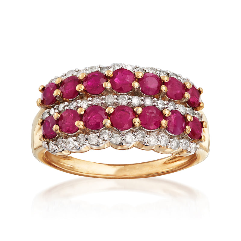 14kt yellow gold multi-row ring with oval rubies and small diamonds