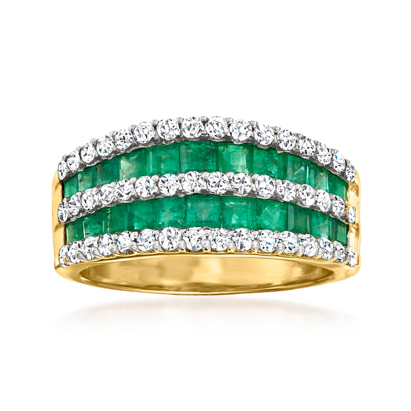 Dome multi-row ring in 14kt yellow gold with emerald-green bands and diamond rows