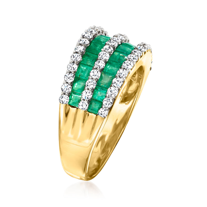 14kt yellow gold dome ring with emerald-green banding and diamond rows, angled view