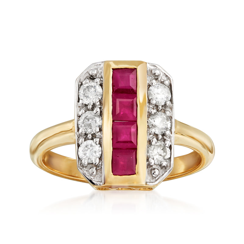 14k yellow gold ring with maroon ruby center and round diamonds on the sides
