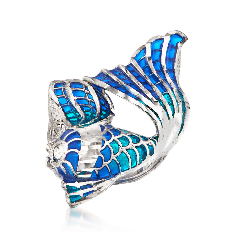 Sterling silver fish ring with blue enamel scale and fin detailing, adjustable band.