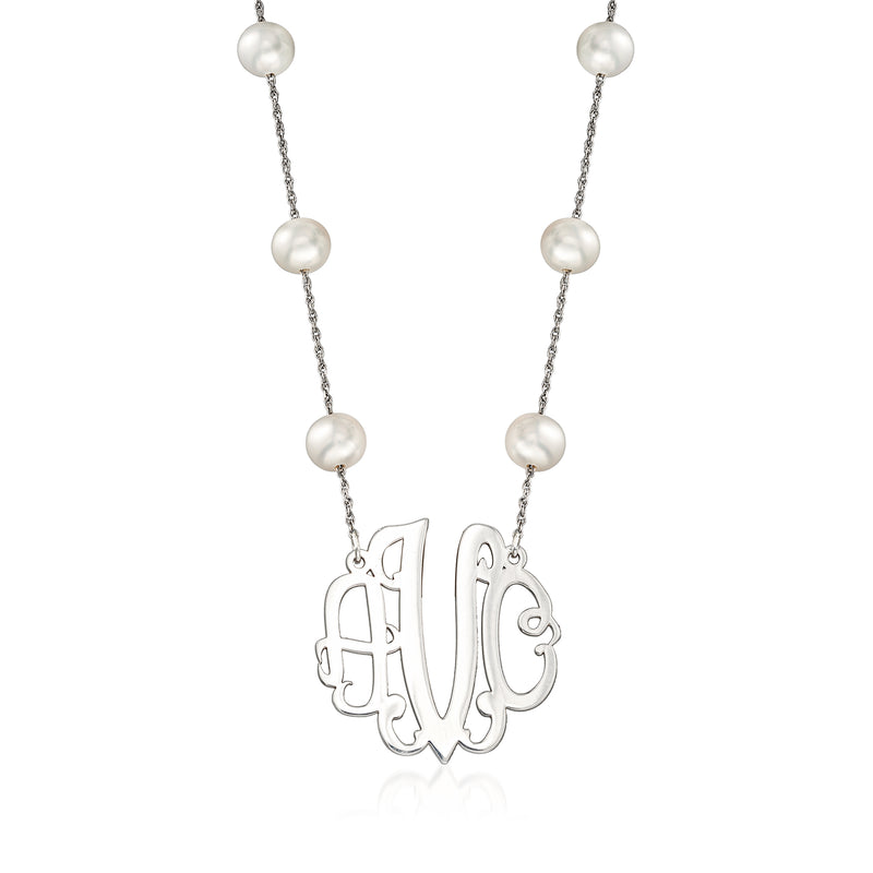 Sterling silver monogram pendant necklace with cultured pearl stations and chain