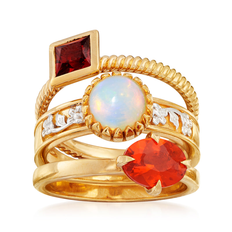 Three-ring gold set with white opal oval and red garnet oval, teardrop, square