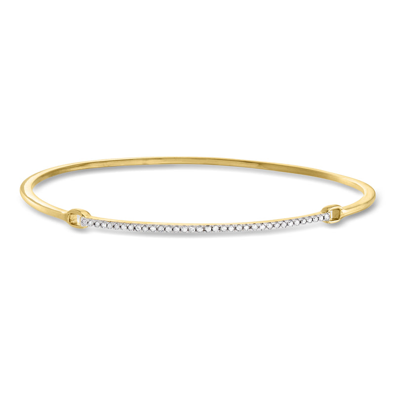 Yellow gold bar bangle bracelet with diamond row and hinged clasp, sterling silver base