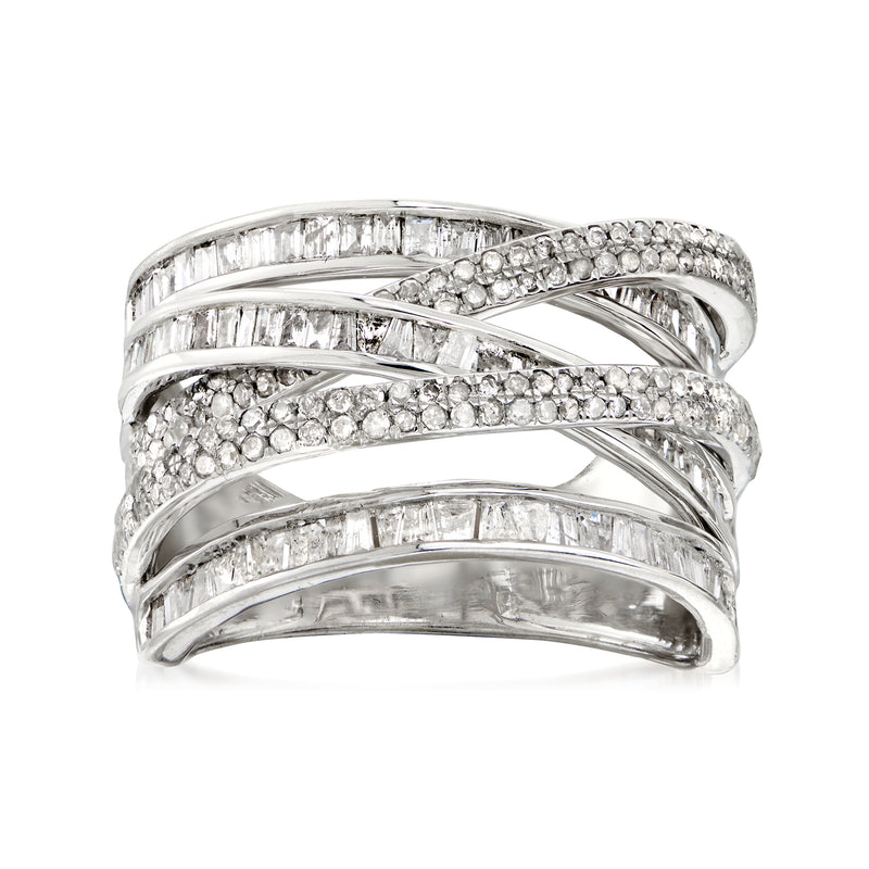 Sterling silver diamond highway ring with crisscross pavé and baguette accents
