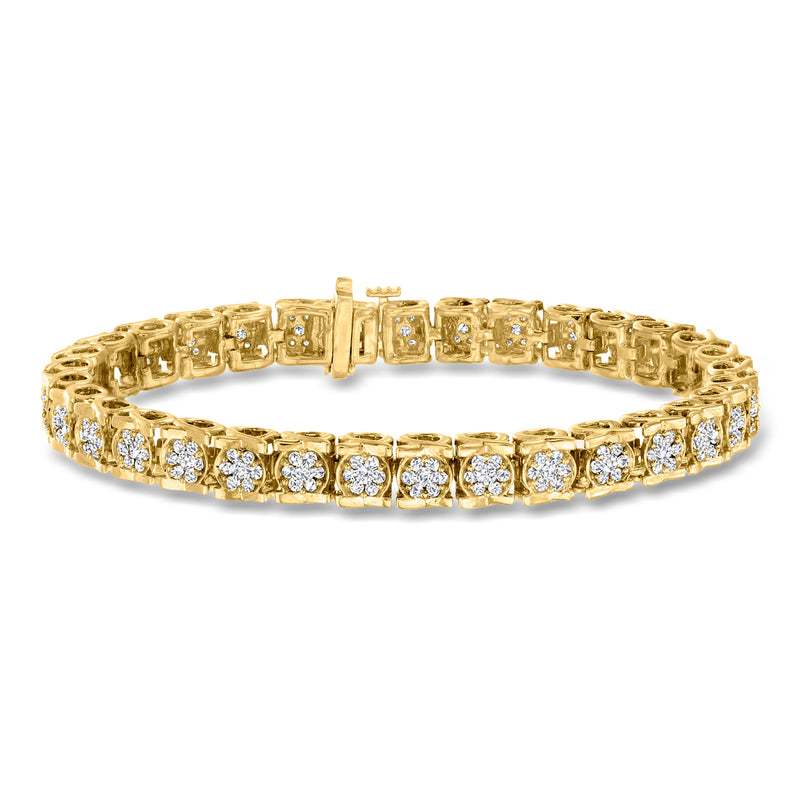 Gold tennis bracelet with round clear diamond-like stones in a continuous row