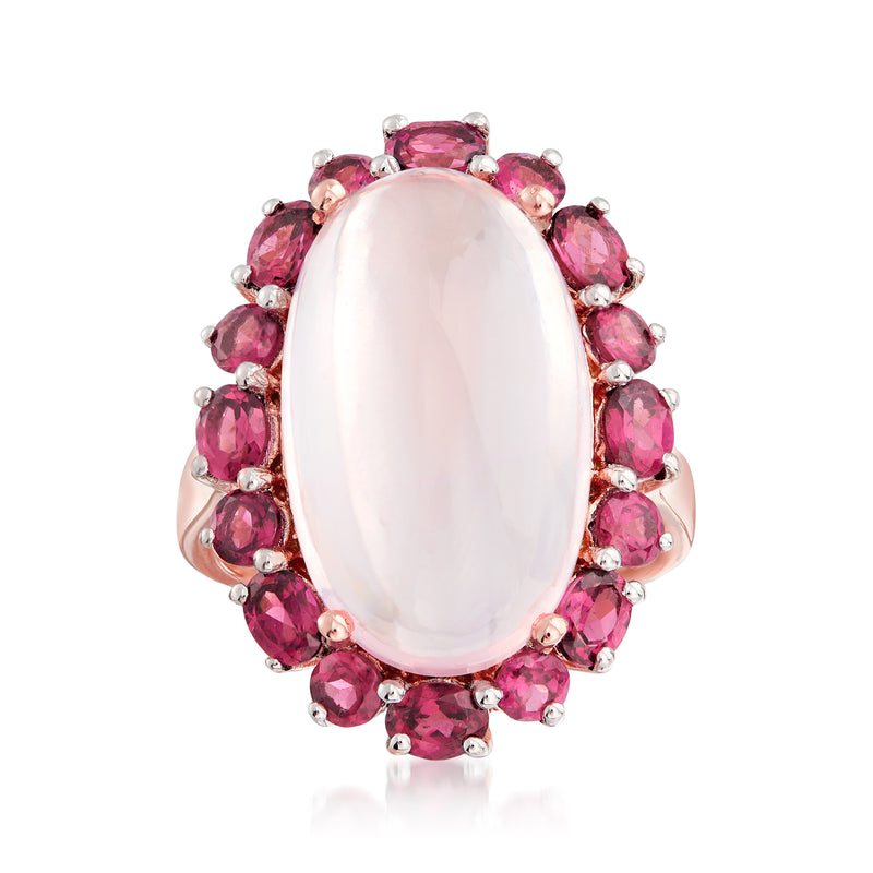 Oval rose quartz centerpiece ring with pink rhodolite halo, 18kt rose gold over sterling