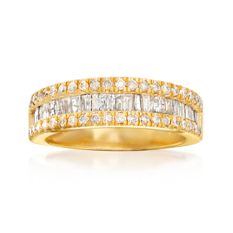 18kt gold over sterling diamond ring with baguette and round stones in two rows