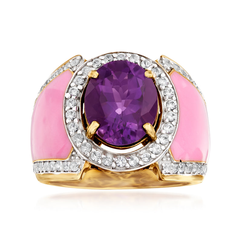 Gold-tone ring with oval purple amethyst, diamond halo, pink enamel shoulders.