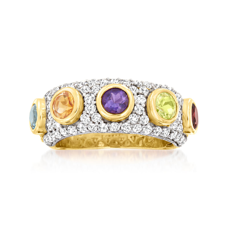 Gold multi-gemstone ring with round purple, orange, and light-green stones; clear halo