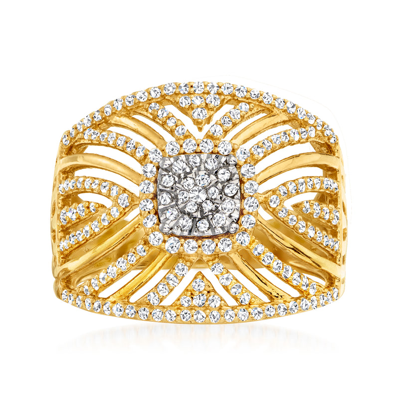 Two-tone diamond openwork ring with square cluster center and pavé accents