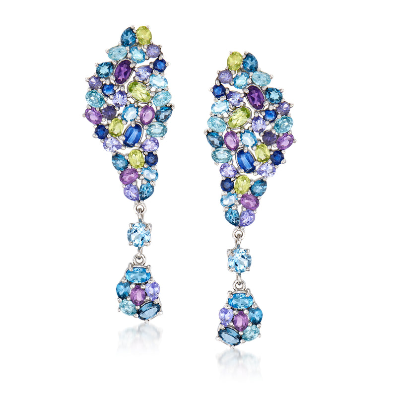 Multi-gem drop earrings in sterling silver with blue, purple, and green gemstones