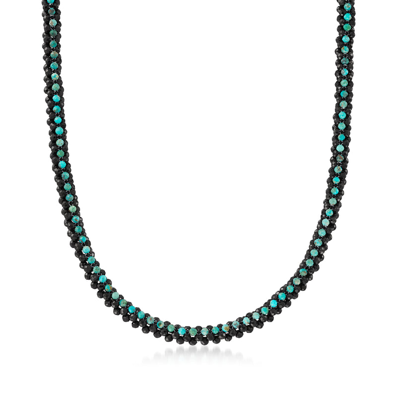 Black spinel necklace with turquoise bead accents, sterling silver chain
