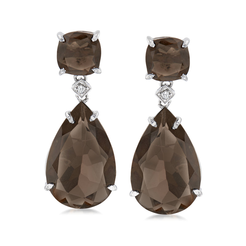 Sterling silver drop earrings with smoky quartz teardrops and diamond accents