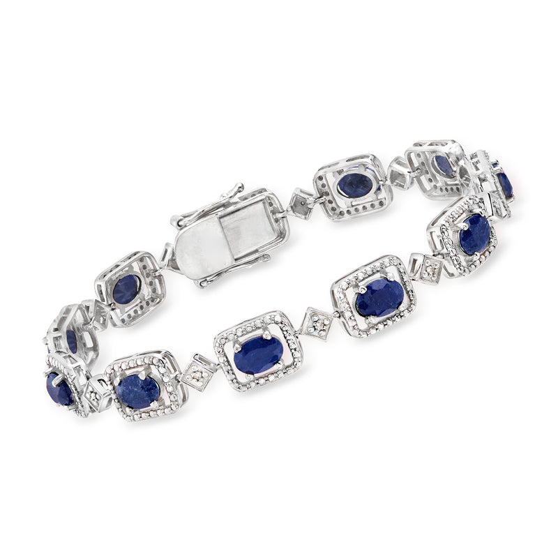 Sterling silver bracelet with blue sapphire and white diamond stations, hinged clasp