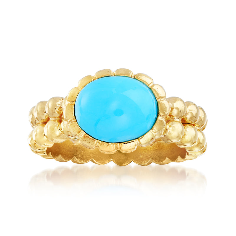 Gold-over-sterling ring with oval turquoise glass center and two-row beaded gold band