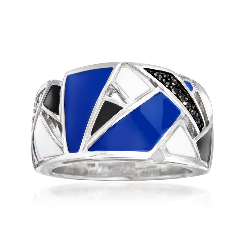 Sterling silver geometric ring with blue enamel and black CZ accents