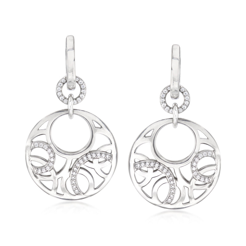Sterling silver CZ drop earrings with round circular cutout and faceted sparkle details
