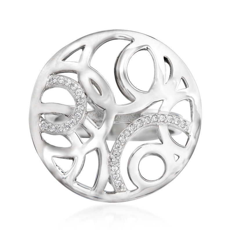 Round cutout sterling silver CZ ring with clear stone accents