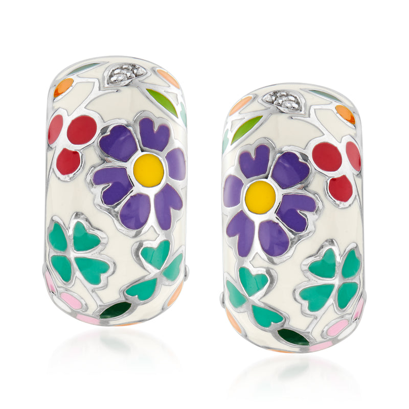 Sterling silver drop earrings with oval enamel flower motifs in red, purple, yellow, green