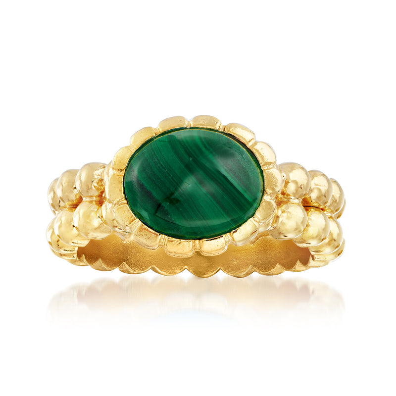 Gold-tone malachite oval ring with double-row beaded border