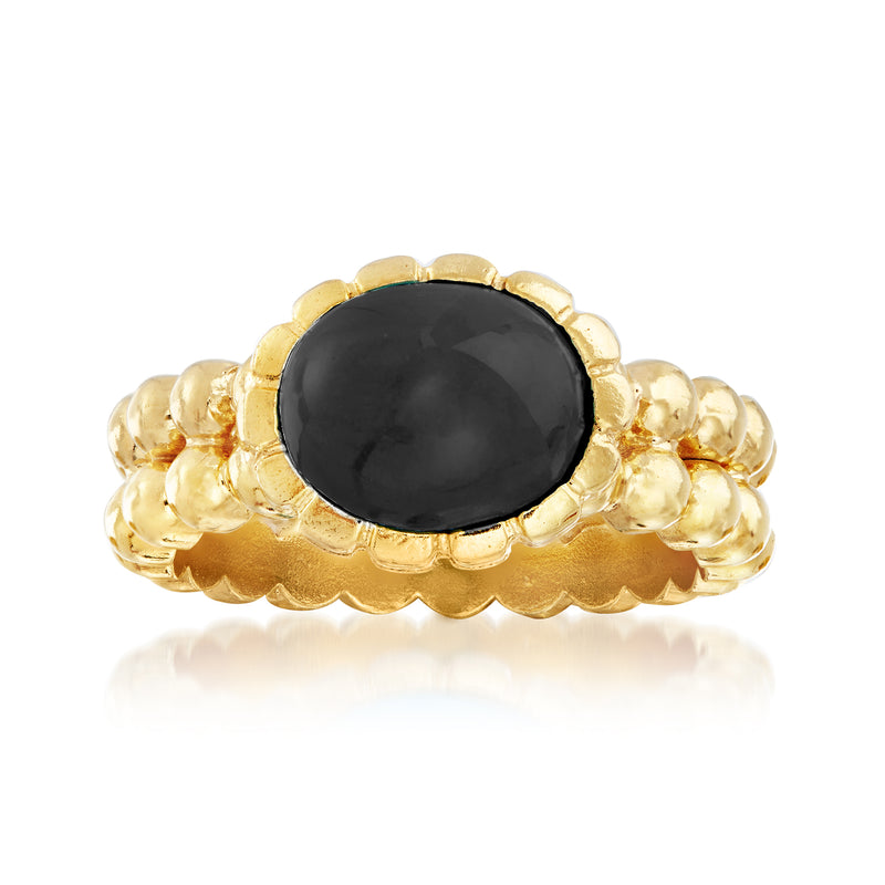 Gold over sterling onyx double-row beaded ring with oval black gemstone