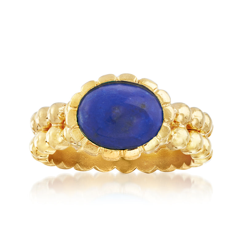 18kt gold over sterling ring with oval blue lapis center and double-row beaded band