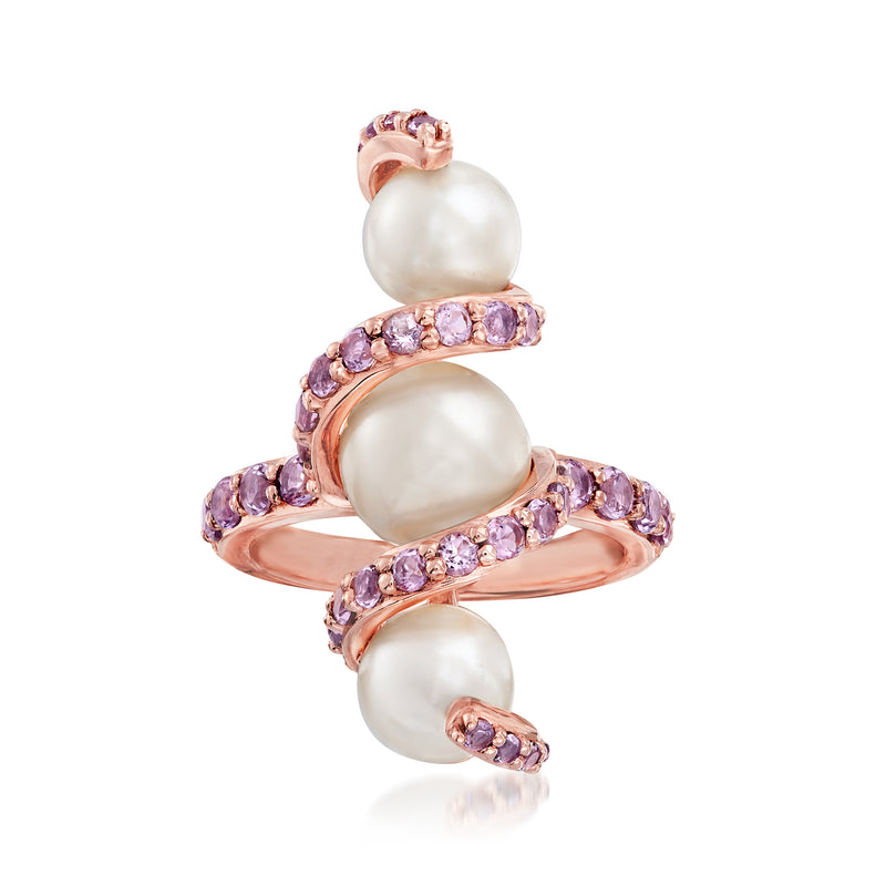 Rose gold over sterling silver ring with large white cultured pearls and purple amethyst accents