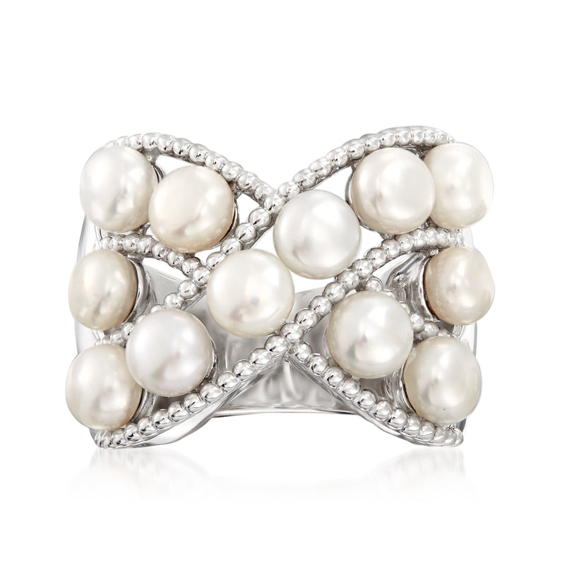 Sterling silver crisscross ring with roped settings and white cultured pearls