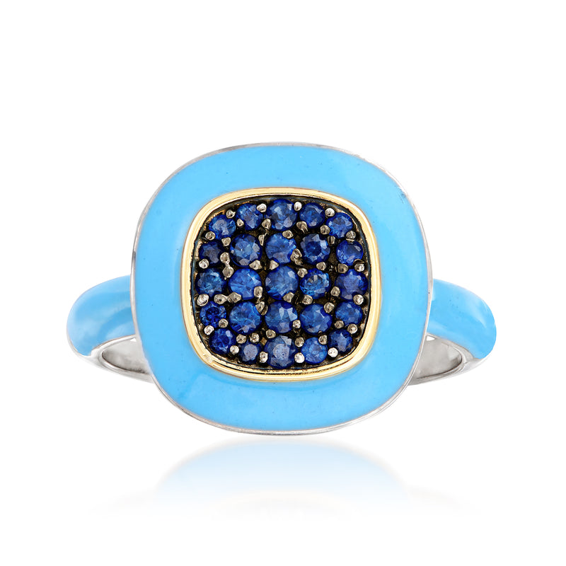 Blue enamel sapphire ring with gold bezel and sterling silver band