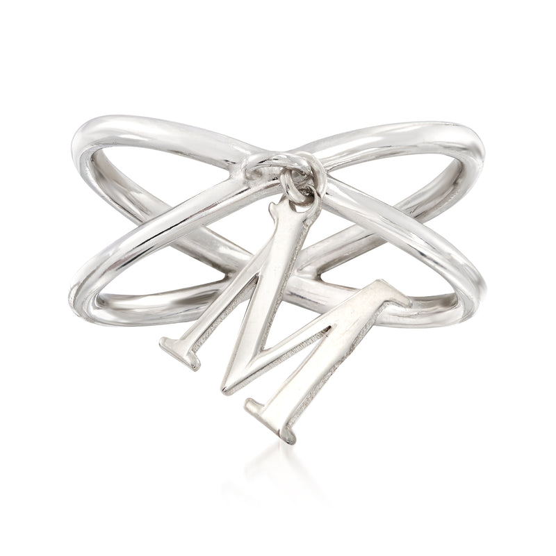 Sterling silver crisscross ring with single-initial charm, open knot design