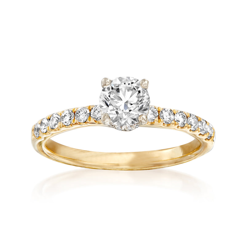 14kt yellow gold diamond engagement ring with round center stone and pave-set sides