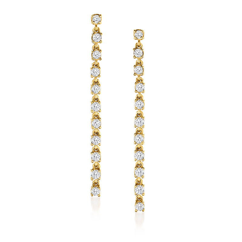 Gold drop earrings with linear row of round diamond-like stones, 18kt gold over sterling