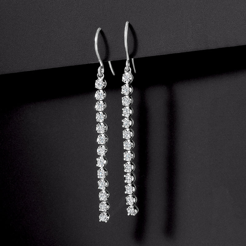 Sterling silver diamond linear drop earrings with earwire hooks