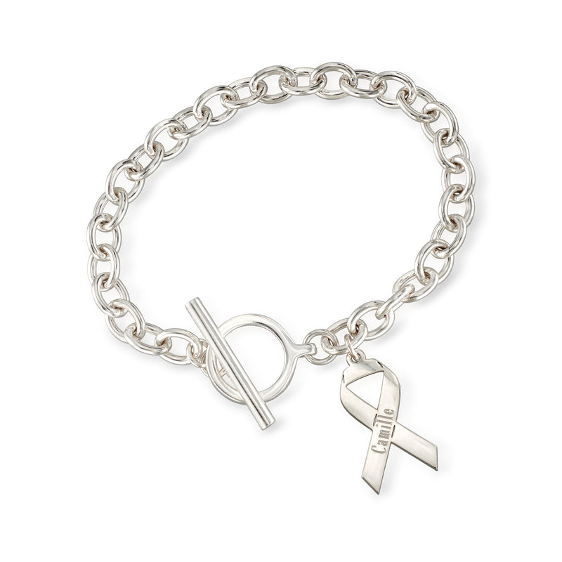 Silver awareness ribbon charm bracelet with heart toggle clasp