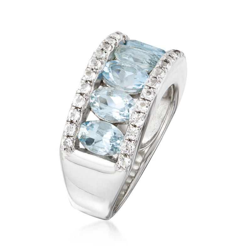 Sterling silver ring with three oval aquamarine stones and white topaz accents