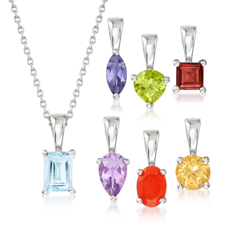 Sterling silver multi-gem necklace with seven pendant charms: blue, purple, green, red, yellow