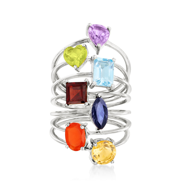 Sterling silver seven-ring gemstone set with purple, green, blue, red, orange, yellow stones.