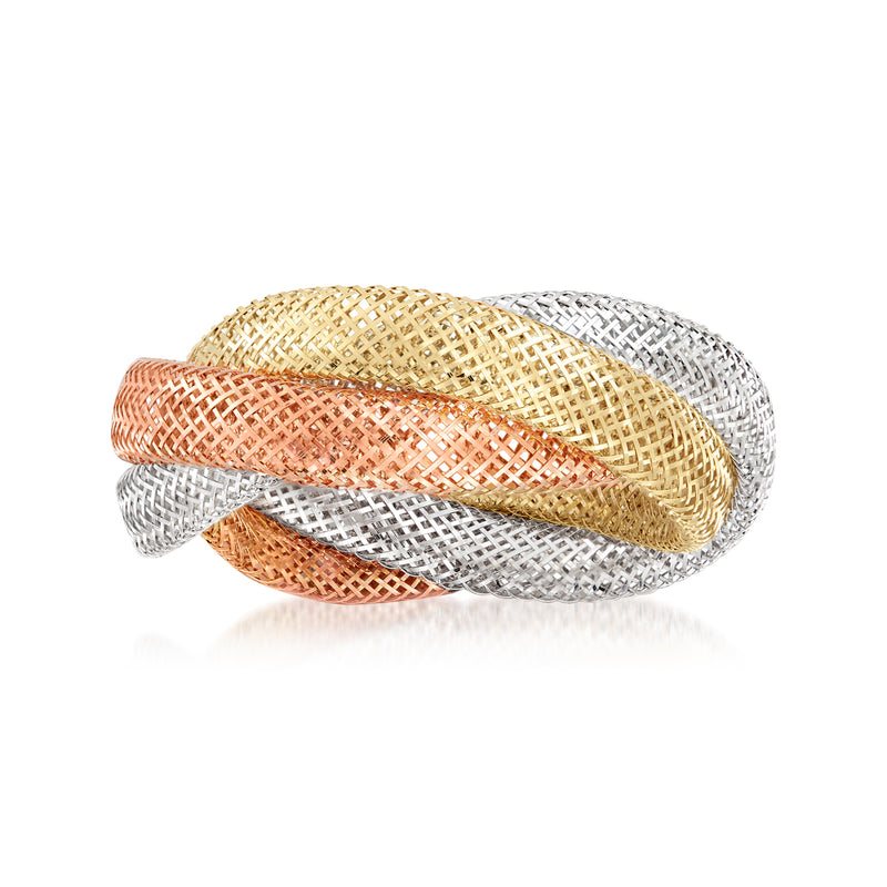 Tri-colored gold mesh ring with intertwined orange, yellow, and white gold bands