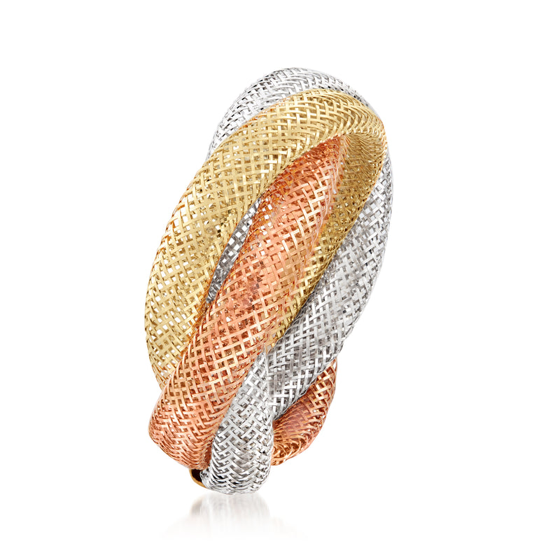 Twisted mesh gold ring with orange, yellow, and white interwoven sections